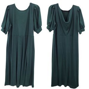 Eloquii Womens Forest Green Midi Dress Sz 16‎ Side Slit Puff Sleeves Draped Back